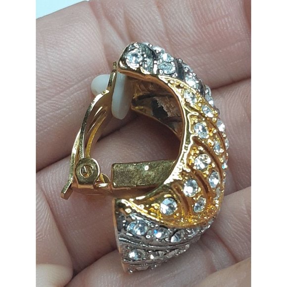 Vintage Earrings Clip On Glamour Rhinestone Heavy Unsigned Gold And Silver Toned - Picture 6 of 8